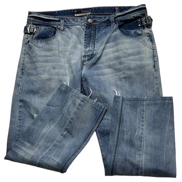 Division E Jeans Mens 38x27 Whiskers Distressed Straight Leg Mid Wash Streetwear - Picture 2 of 14